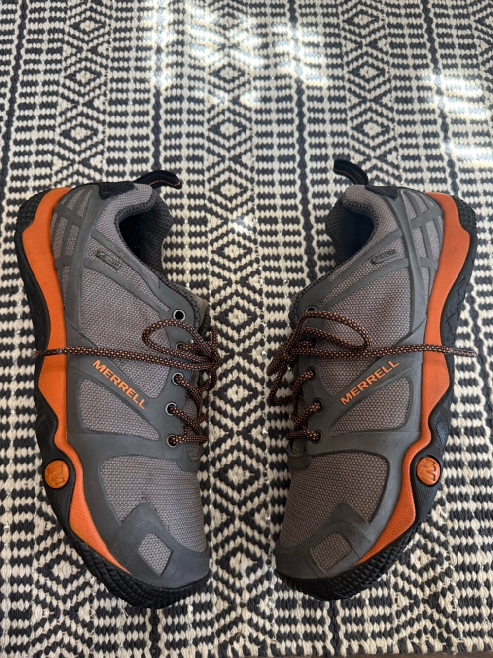 Merrell Gore-Tex Wild Dove Geometric Gray and Orange Chunky Hiking Sneakers